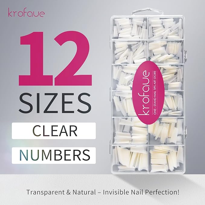 krofaue Natural Acrylic Nail Tips Square - 600PCS Half Cover Coffin False Nails 12 Size with Box for Salon and Home DIY