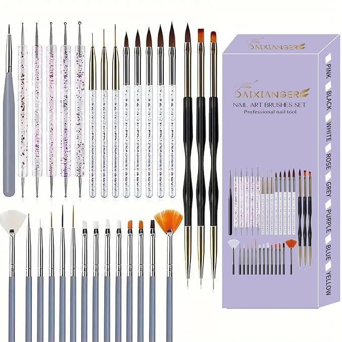 31 Pcs Nail Art Tools Set - Professional Nail Brushes Kit for Acrylic Gel Nails, Manicure Painting Dotting Detailing Tools, Nail Design for Home Salon Supply-Gray