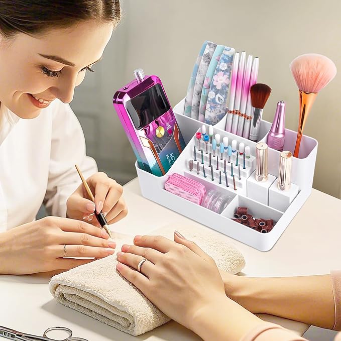 Nail Drill Holder & 28 Holes Nail Drill Bits Holder, Transparent Acrylic Nail Drill Machine Storage Box, Professional Nail Drill Organizer Case for Manicure tools, White