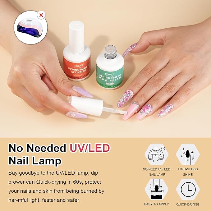 2 in 1 Dip Powder Nail Kit - 15ml/0.5oz Bottle Dipping Powder System with Base & Top Coat, Activator, No Lamp Cured, Fast Dry, Good for Salons & Beginners