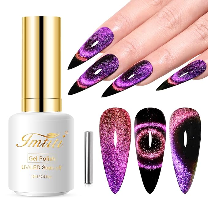Imtiti 9D Cat Eye Gel Nail Polish, 15ML Purple Chameleon Holographic Glitter Cat Eye Gel Polish with Magnet UV LED Magnetic Gel Nail Polish Sparkly Home DIY Manicure Nail Salon Kit