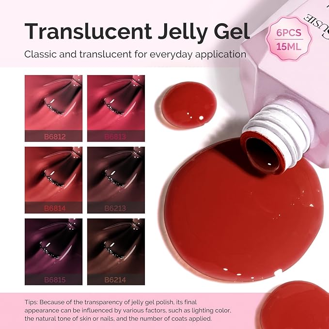 MelodySusie Jelly Gel Nail Polish Set,6 Transparent Colors,Milky or Jelly Texture,Deep Red Colors Soak Off UV LED Light Cure or Salon Manicure and Nail Art DIY at Home 15ML 0.3Fl Oz