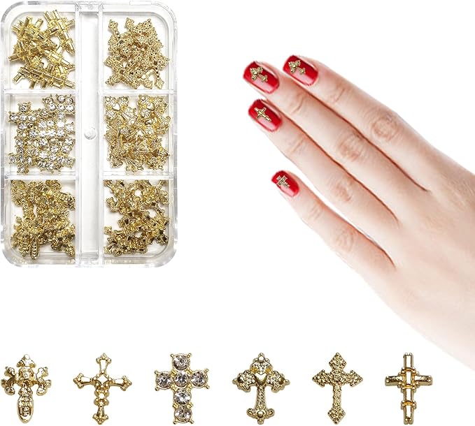 3D Alloy Metal Crystal Cross Nail Charms - 60 Pcs Ideal for Women and Girls' DIY Punk Nail Art, with Rhinestones, Great for Salons & Fashion Events (60, Golden)