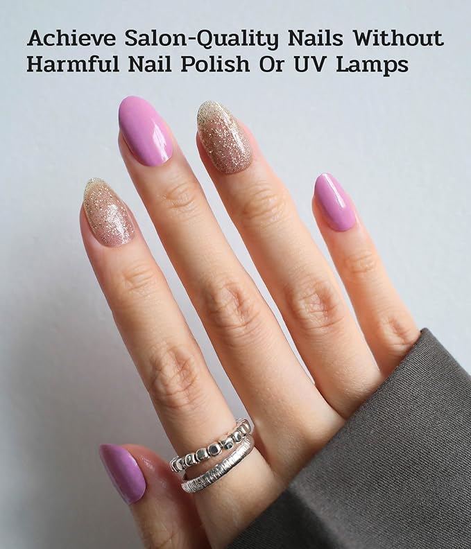 Nail Polish Strips (No UV Lamp Needed) - 22 Pcs Salon Quality Gel Nail Stickers - Long Lasting Wraps (Berry Gold Glitter)