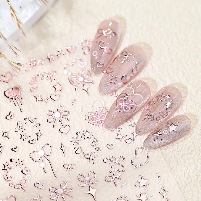 1Pcs 5D Valentines Nail Art Stickers Self Adhesive Rose Gold Bow Nail Decals Embossed Love Heart Nail Stickers Shiny Star Nail Design Sticker Pink Valentines Sticker Cute Nail Supplies Decor for Women