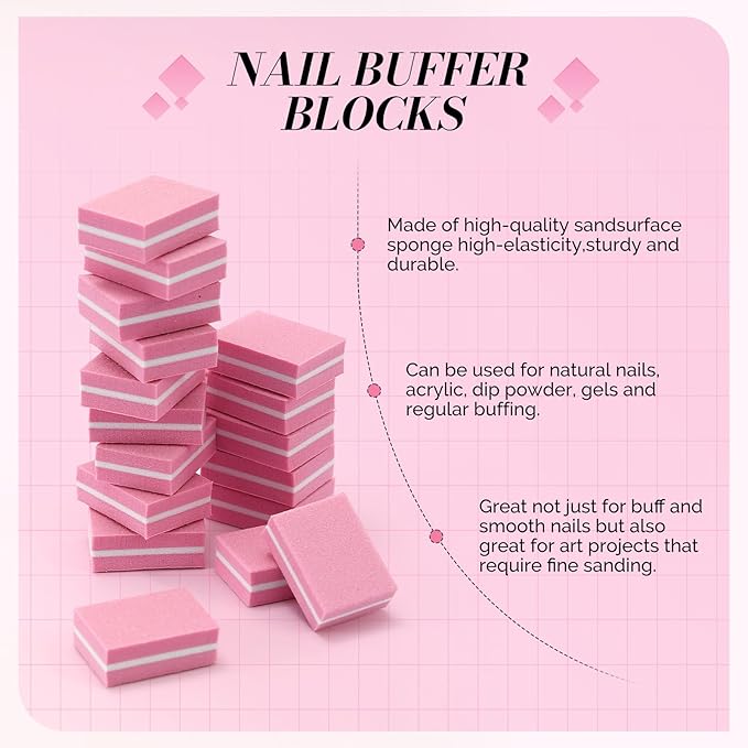 MelodySusie Mini Nail Buffer Block,100/180 Grit Double-Sided Sponge Nail File,Professional Nail Polishing Tools for Acrylic Nails and Natural Nails,50 Pieces（Pink）
