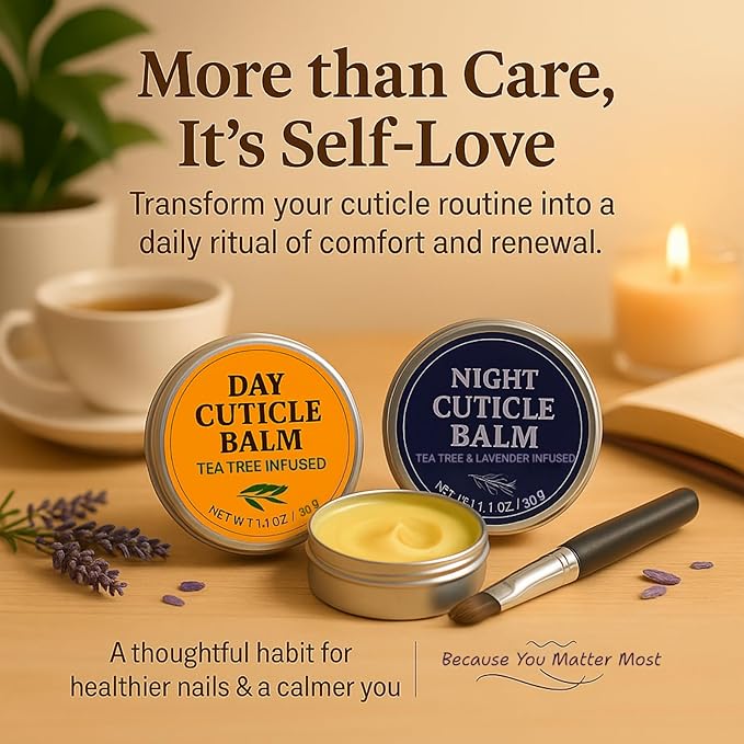 Tea Tree Oil Cuticle Balm Day & Night Set - Cuticle Cream & Butter for Dry, Damaged Cuticles - Includes Brush for Easy Application - Cuticle Healing Treatment Moisturizer, 1.1 OZ 2PK