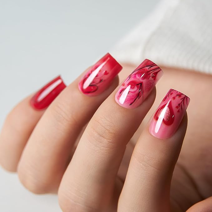 CurvLife Press On Nails Long Square Red Floral, Soft Gel Glossy Fake Nails, Reusable Durable Salon-Style Manicure for Women Teens Beginners, 30pcs, Daily Wear for Work Party