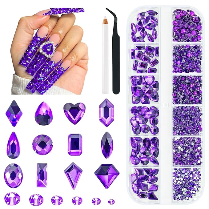 2052Pcs Purple Violet Nail Rhinestones Glass Dark Purple Rhinestones for Nails 72 Multi Shapes Big Gems +1980 Flatback Round Beads Crystals Diamonds Jewels Nail Art Charms for Faces Eyes Makeup