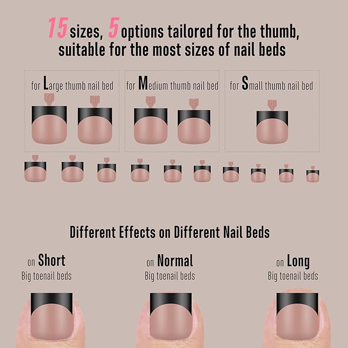 Toe Nail Tips Press on Black French Tip, BROWN PINK Long/Medium Wide Fake Toenails, Full Cover Sharp Square Pre-Designed Soft Gel False Toenail Acrylic Extension for DIY 15 Sizes 240 pcs