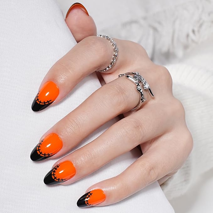 Orange French Tip Press On Nails Short Almond, Glossy Reusable Press On Nails for Women, 32 Count 16 Sizes Nail Kit with Glue (SV-09)
