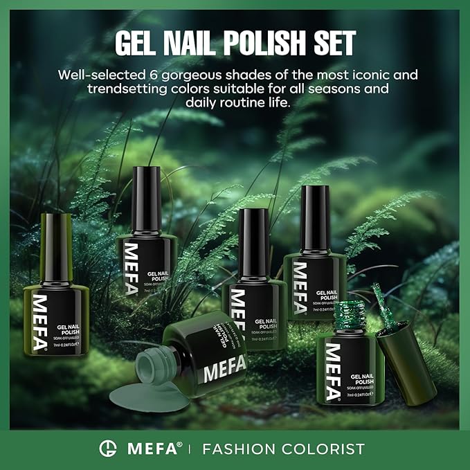 MEFA Green Gel Nail Polish, St. Patrick's Day 6 Colors Green Glitter Nail Polish Gel Dark Avocado Sage Evergreen Sparkle Polish Set Soak Off Nail Art DIY Salon Manicure Nail Art Gifts for Women