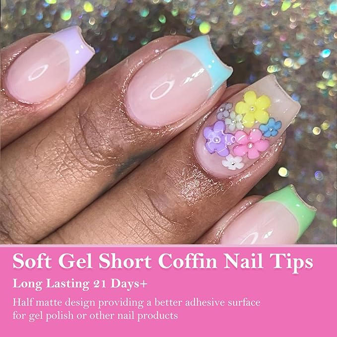 AddFavor 600pcs Short Coffin Nail Tips, Clear Soft Gel Nail Tips Coffin Shape, 12 Sizes Full Cover False Acrylic Nails Tips for DIY Nail Extensions, Press on Nails Making