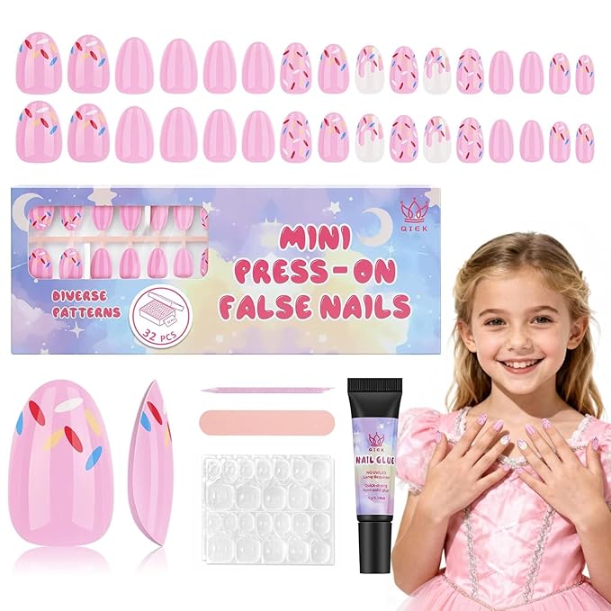 16 Sizes Press on Nails Kit for Kids - 32 Pieces French Almond Fake Nail Tips for Girls 8-12 Years Old with Jelly Nail Adhesives & No-Lamp Nail Glue, Birthday Gifts Easter(Pink Ice Cream)