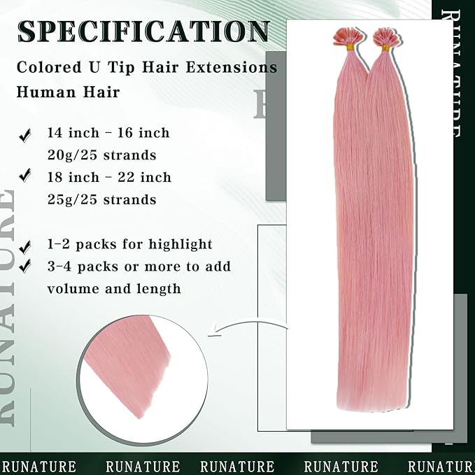 Pink U Tip Hair Extensions Real Human Hair 22 Inch Long Hot Fusion U Tip Keratin Hair Extensions Colored Pink Nail Tip Hair Extensions for Women Straight 25g 25 Strands