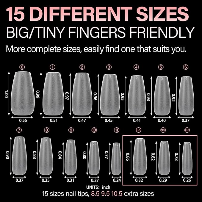 AILLSA Medium Coffin Nail Tips 450PCS Full cover Double-sided Matte Gel Stronger Adhesion Pre-Shaped Press on Nail Tips for Home DIY Nail Arts Salon 15 Sizes