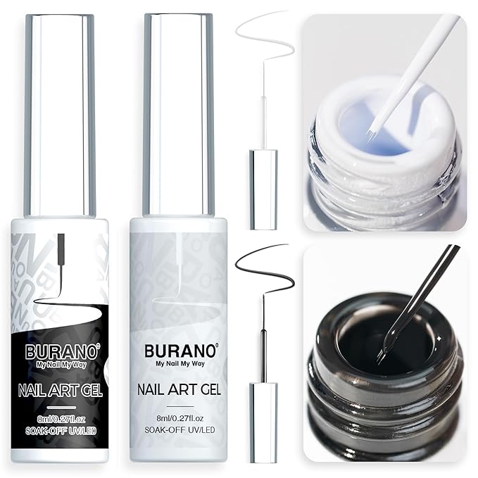 BURANO Gel Nail Polish Liner Nail Art Polish, Black White Painted Gel Nail Design Polish 2 Bottle 8ml, Build in Thin Nail Brush Curing Required LX11 LX12
