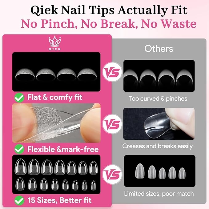Extra Short Almond Fake Nail Tips, 15 Sizes 240 PCS Clear Half Matte Press On False Nail Tips Pre-shaped Full Cover Gel Nail Acrylic Soft Tip Extensions Thick Long Lasting for Home DIY Nail Salon