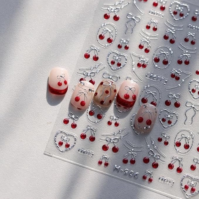 Cherry Nail Sticker Strawberry Nail Decals Silver Nails Art Stickers with Jerry Design 5D Embossed Fruit Nail Art Decal for Women Girls Kid Spring Summer Manicure Supply Decoration Accessories