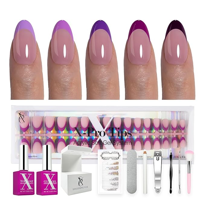 SXC Cosmetics French Tip Press On Nails – Purple Series, Short Almond, X-Pro Tips Starter Kit | 160PCS, 16 Sizes, 5 Styles, Beginner-Friendly