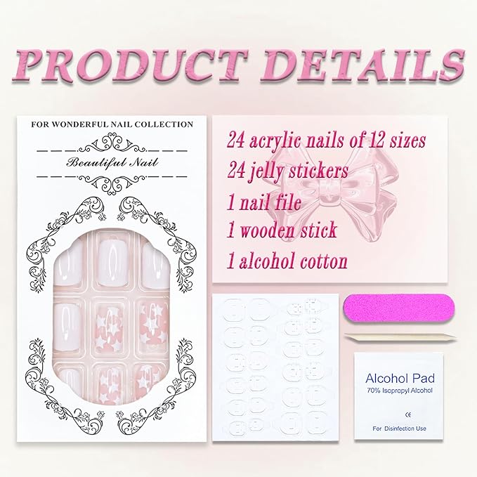 Press on Nails Short Square MABKJLF White Fake Nails False Nails with White Stars Designs Full Cover Glossy Glue on Nails Cute Stick on Nails for Women Girls 24 Pcs