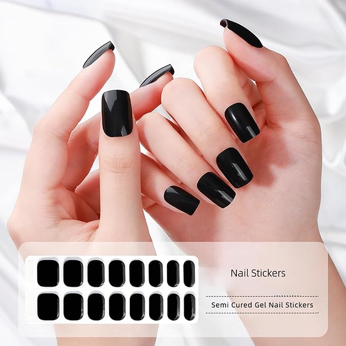 WOKOTO 2 Sheets Semi Cured Gel Nail Strips (Black)-16 Pcs Per Sheet Gel Nail Stickers | Gel Nail Wraps | Uv Light Required, Salon Quality, Real Nail Polish Strips Stick On Nails Kit With Nail File