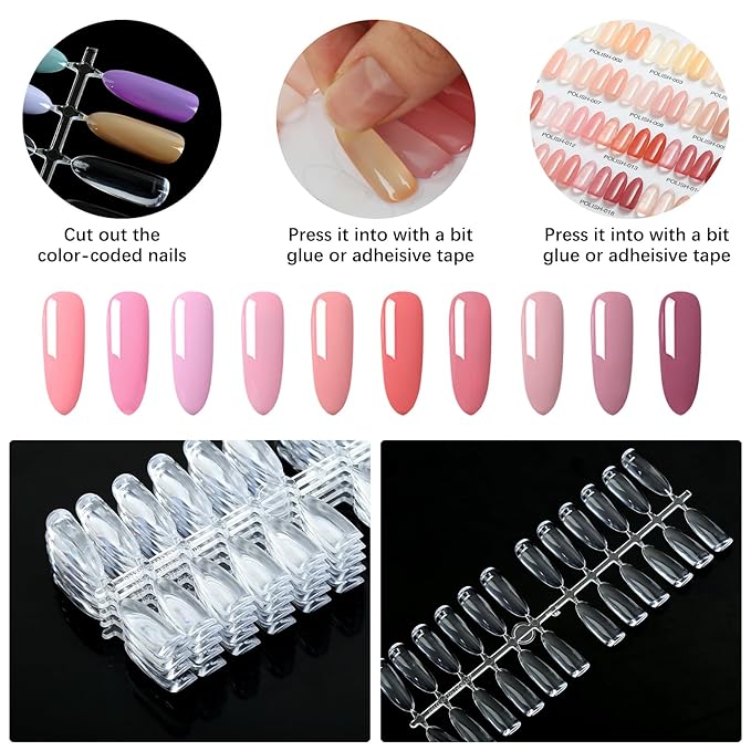 240PCS Flat Long Almond Nail Display Tips,Solid Clear Acrylic Nail Color Swatches for Nail Art Design Pattern Practice and Nail Display