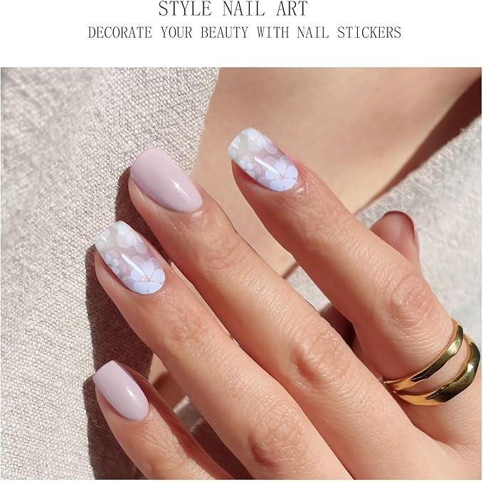 JMEOWIO Gel Nail Stickers White Flower Semi Cured Gel Nail Strips Wraps UV/LED Nails Art Design Decoration Accessories