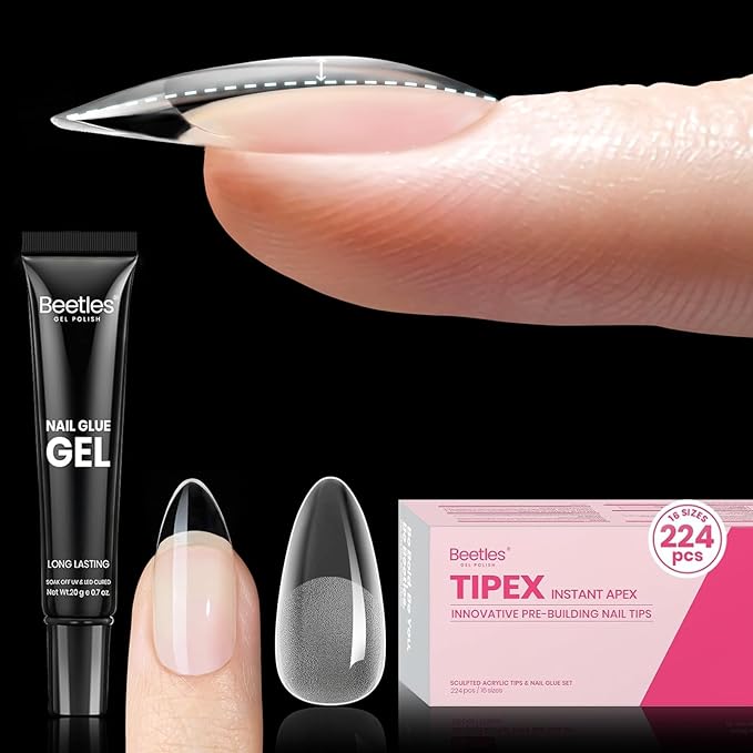 Beetles Tipex Instant Apex Nail Tips, Almond Medium, 16 Sizes (00-14), 224PCS with 20g Tipex Solid Nail Glue, Thick Strong Tips with Built-In Apex for DIY Extensions