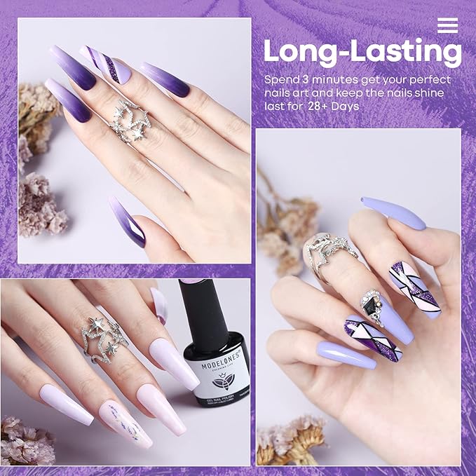 modelones Gel Nail Polish Set - Purple 6 Colors Gel Polish Set Purple Glitter Nail Polish Soak Off LED Nail Art Manicure Holiday Grape Nail Kit Gifts for Women DIY Home Salon