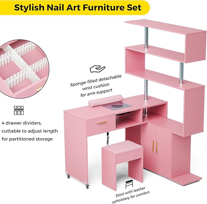 Manicure Table Nail Desk with Stool, L-Shaped Nail Tech Desk with Dust Collector, Two-Way Drawer, Cabinet & Storage Shelves, Rotating Reversible Manicure Workstation on Wheels (Pink)