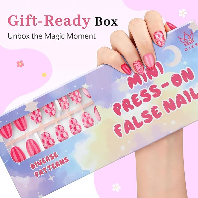 16 Sizes Press on Nails Kit for Kids - 32 Pieces French Almond Fake Nail Tips for Girls 8-12 Years Old with Jelly Nail Adhesives & No-Lamp Nail Glue, Birthday Easter Gifts (Rose Pink Grid)