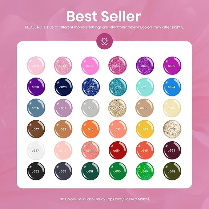 Beetles Gel Nail Polish Set, 36 Colors Gel Polish Set Sparkle Red Pink Glitter Black Nail Kit Free Journey Collection with 3Pcs Base Top Coat Soak off Uv Gel Polish Manicure Kit