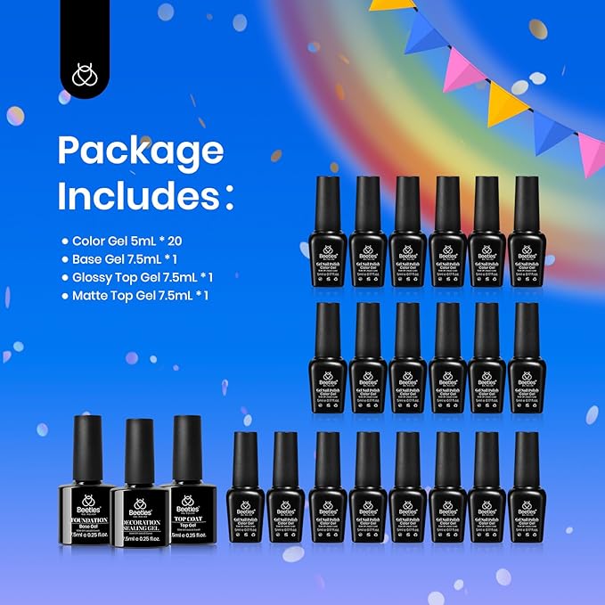 Beetles Rainbow Gel Polish Set, 20 Colors Glitter Pink Red Green Blue Bright Rainbow Collection Colorful Gel Polish Nails Sparkle Gel Base Glossy & Matte Top Coat UV Gel Spring Gift for Women & Girls