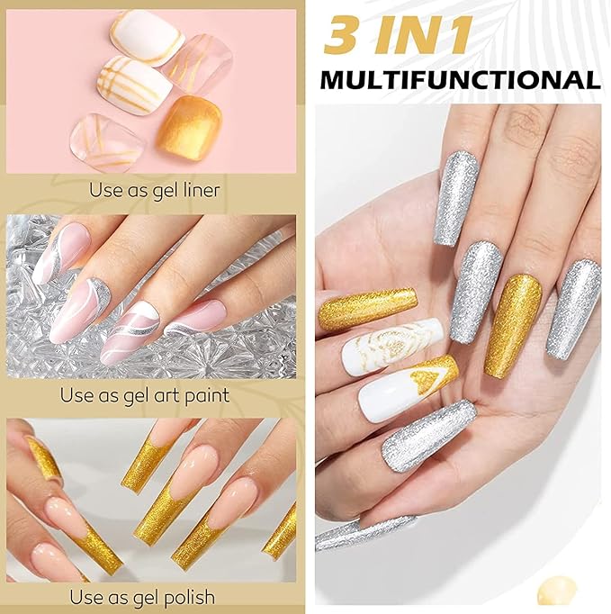 Vishine Gel Nail Polish Liner Glitter Metallic Gold Silver Glitters Colors Gel Art Paint Polish for Swirl Nails Euphoria Nail French Manicure