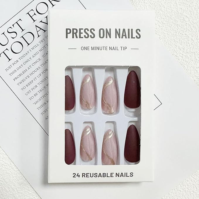 Almond Press on Nails Medium Fake Nails with Designs Marble Texture False Nails Press ons Reddish Brown Matte Glue on Nail Acrylic Full Cover Nail Artificial Stick on Nails for Women 24PCS