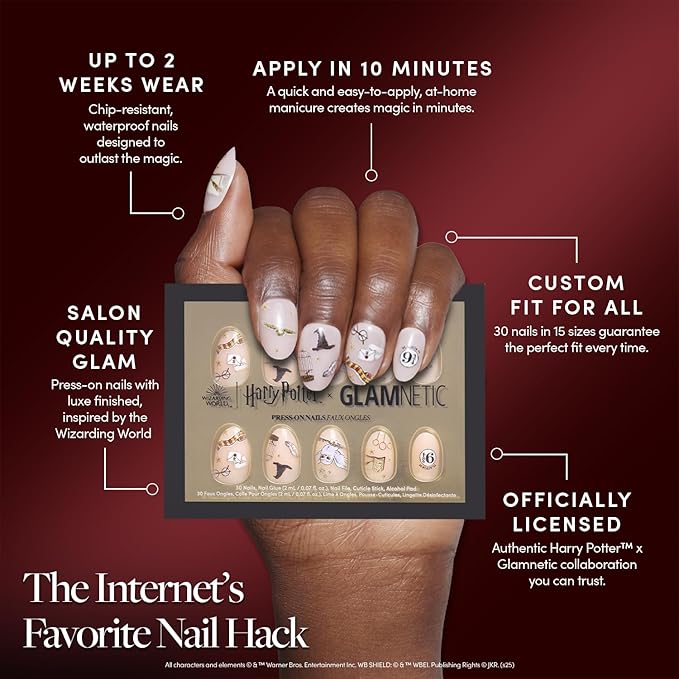 Harry Potter™ x Glamnetic Press On Nails - Hogwarts™ | Semi-Transparent Multi Graphic Short Oval Nails in a Glossy Finish | 15 Sizes - 30 Nail Kit with Glue