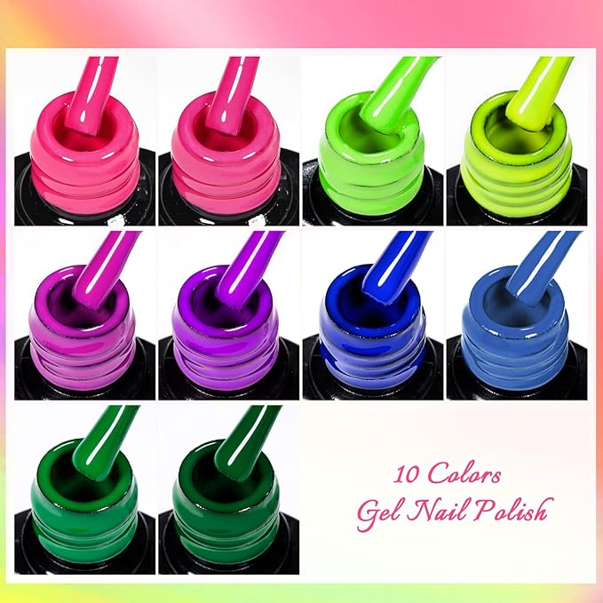 12Pcs Neon Gel Nail Polish Kit Hot Pink Green Purple Blue Gel Polish Kit with Base Top Coat for Nail Art DIY 10 Colors