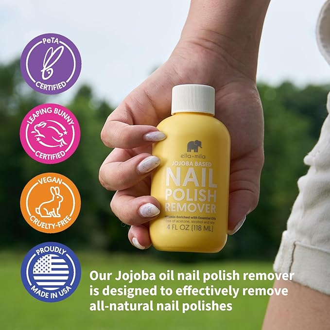 ella+mila Jojoba Nail Polish Remover - Non-Acetone, Non-Toxic Fingernail Polish Remover for Natural Nails - Vegan, Gentle Formula with Jojoba Oil & Vitamins A, C, E (4 fl oz)