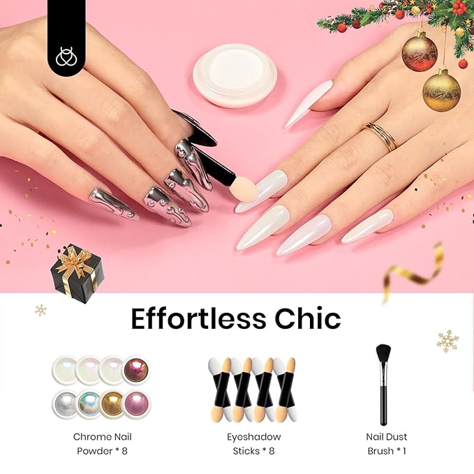 Beetles Chrome Nail Powder Gold Silver Mirror Effect 8 Colors Holographic Aurora Iridescent Pearlescent Manicure Nail Art Decoration Glitter Cromer Nail Powder for Nails 1g/Jar Gift for Women