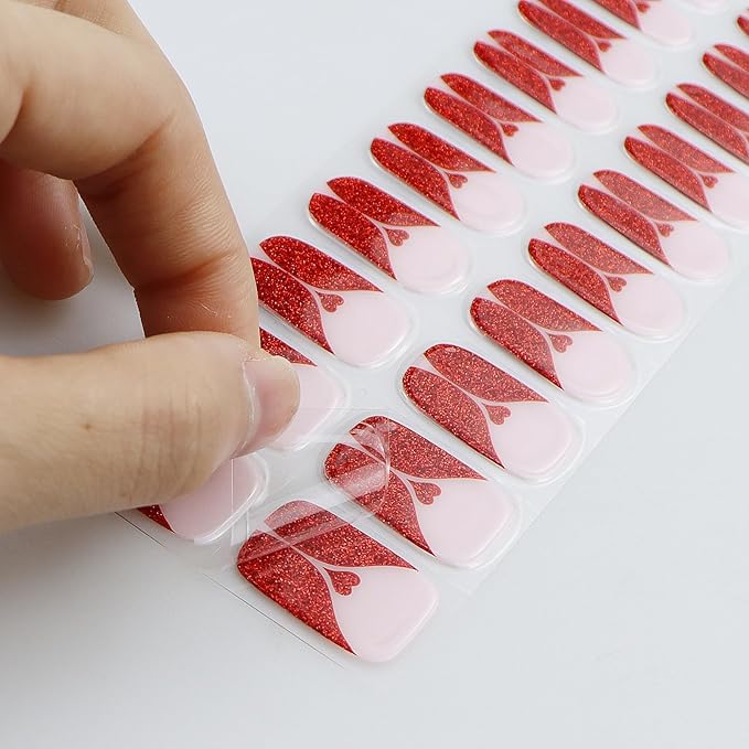 JMEOWIO Gel Nail Stickers Valentines Day Cream Pink Glitter Red Heart Semi Cured Gel Nail Strips Wraps UV/LED Nails Art Design Decoration Accessories