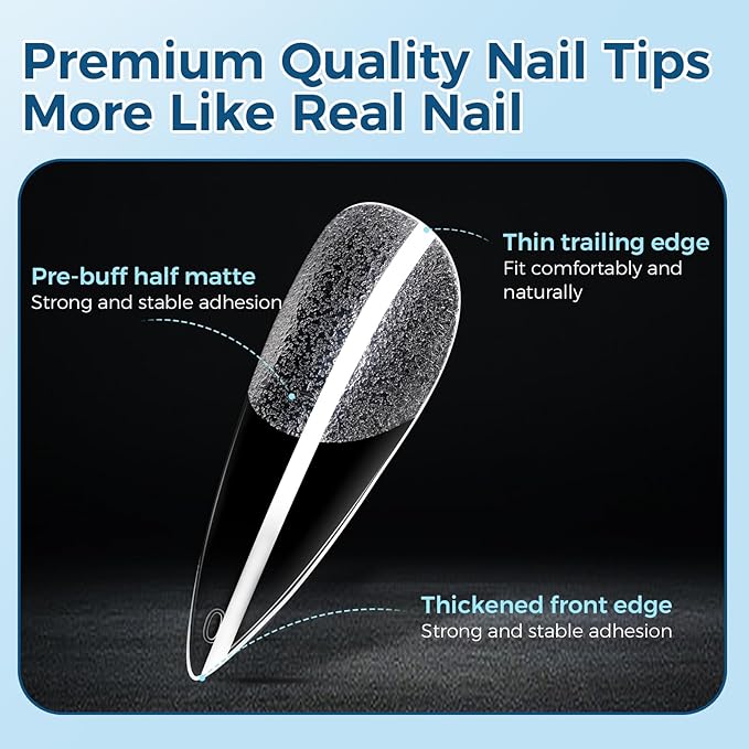 TOMICCA Long Stiletto Nail Tips, 240Pcs 12 Sizes Almond Fake Nails Ultra Half Matte Acrylic Gel Nail Tips Full Cover False Nails for Nail Extension Home DIY Salon