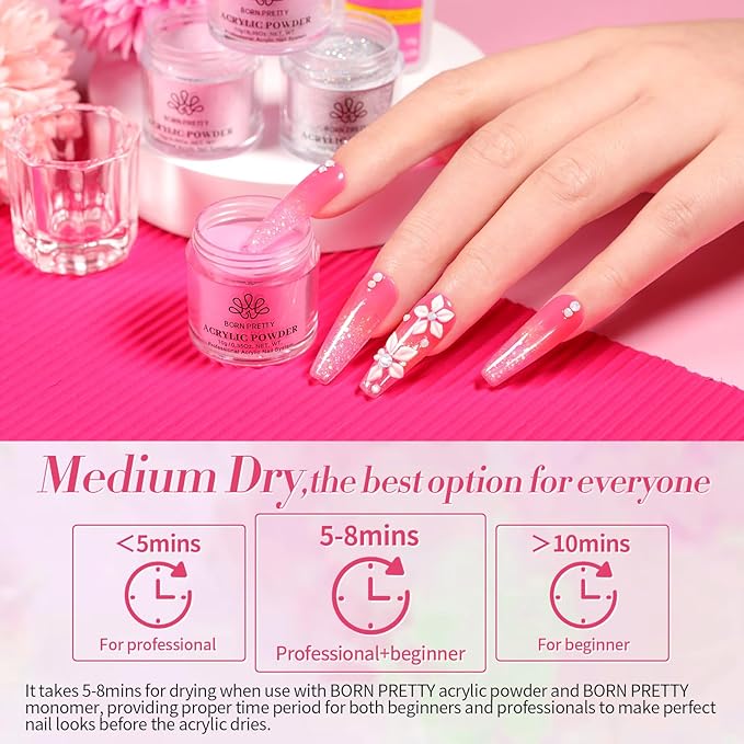 BORN PRETTY Acrylic Nail Kits Full Set,87PCs Pink White Clear Glitter Grey Acrylic Powder and Liquid Set for Beginners,with Nail Pre Dehydrator Nail Primer Nail Tips