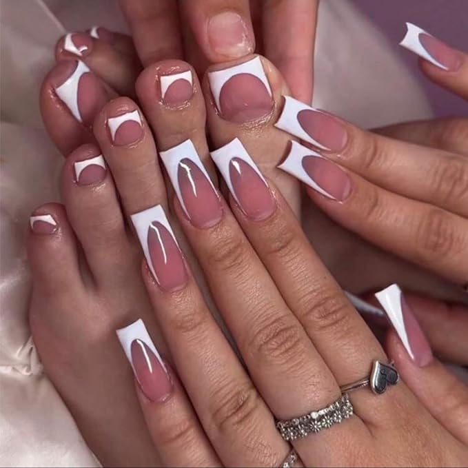 48Pcs White French Tip Press on Toenails Press on Nails Long Square Fake Nails with Design Skin Tones Glue on Nails Nude False Nails Glossy Reusable Summer Nails Toenails for Women Manicure