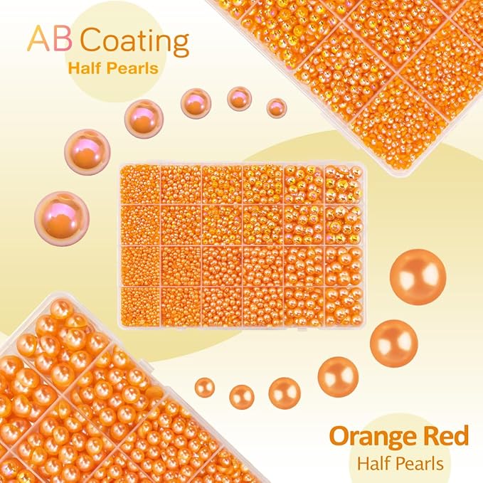 2 Styles Orange Red Flatback Pearls for Bedazzling Crafting 3mm-10mm Half Round Pearls Beads Gems Bedazzler Kit Charms for Nails Face Eyes Makeup Tumblers Bottles DIY Crafts Shoes Beauty Decor