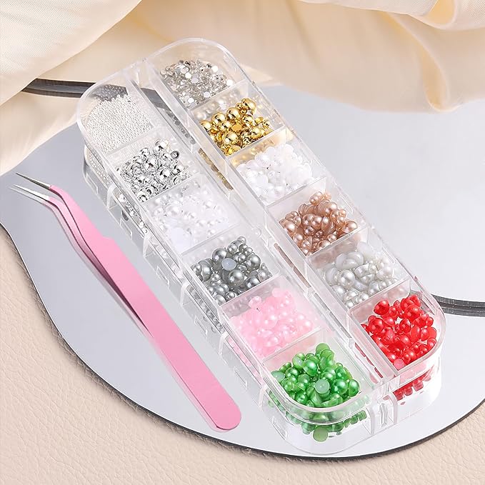 3D Nail Art Pearls and Beads Set, Colorful Half-Round Gems & Rhinestones, Mix Sizes Gold Beads for Nails, Christmas Nail Decorations Accessories DIY Manicure Supplies with Picker Tools