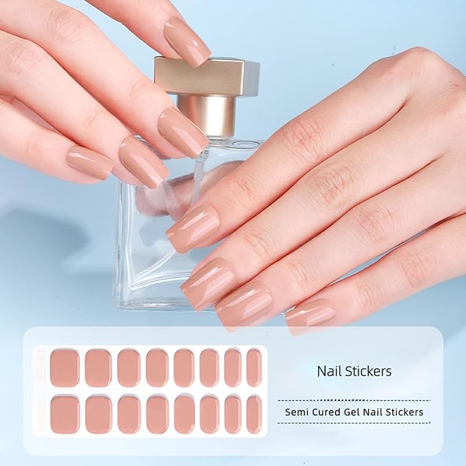 WOKOTO 2 Sheets Semi Cured Gel Nail Strips (Beige)-16 Pcs Per Sheet Gel Nail Stickers | Gel Nail Wraps | Uv Light Required, Salon Quality, Real Nail Polish Strips Stick On Nails Kit With Nail File