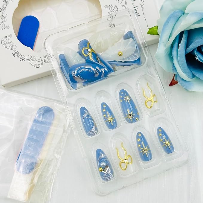 24pcs Blue Press on Nails Medium Almond Fake Nails with 3d Gold Bow Star Rhinestones Designs Glue on Nails Blue Full Cover Artificial False Nails Reusable Acrylic Nail for Women Nail Decor Supplies