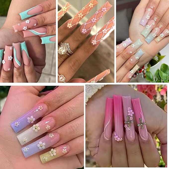 Mixed 3D Flower Nail Charms and Metal Caviar Beads, Acrylic Resin Flowers Nail Design Gold Silver Nail Ball Beads for DIY Decoration Nail Craft Accessories With Pickup Pencil