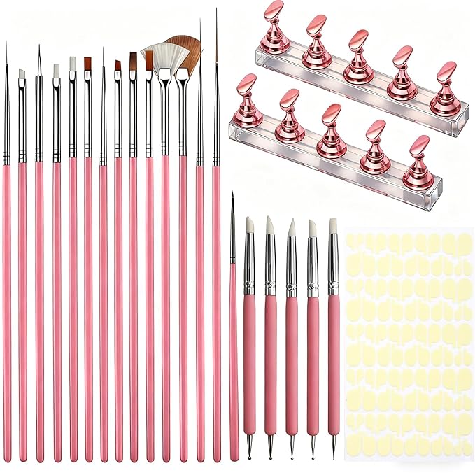 AIBEE Nail Art Tools Set, 15Pcs Nail Art Brushes 2Pcs Nail Stand for Press On 5Pcs Dual Tipped Nail Dotting Tool and Sculpture Pen with Tape Nail Holder for Painting DIY Press On Nails